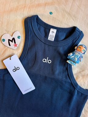 ALO Yoga Navy Ribbed Tank for Kids with White Logo